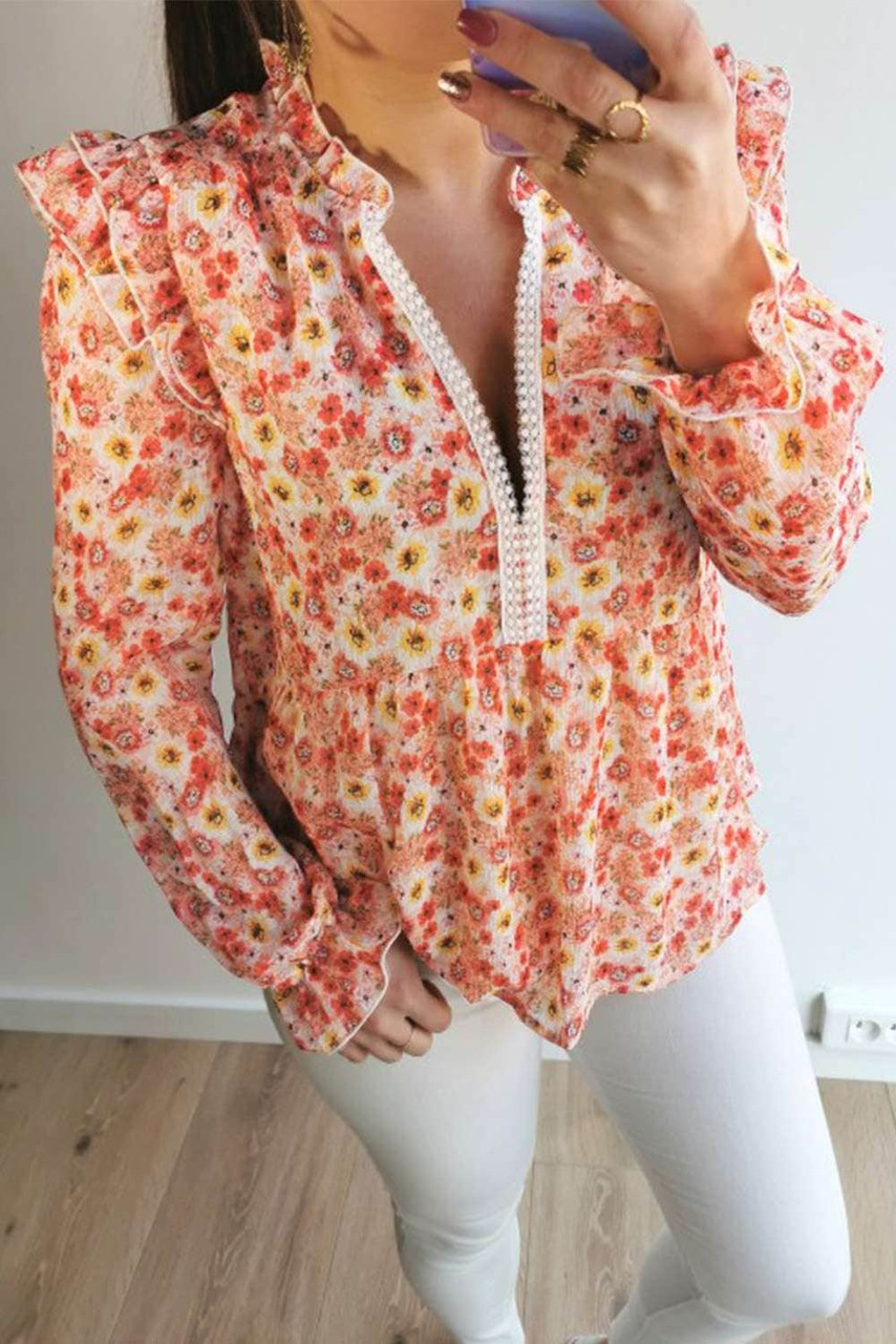 Orange Floral Pattern Peplum Blouse with Ruffles