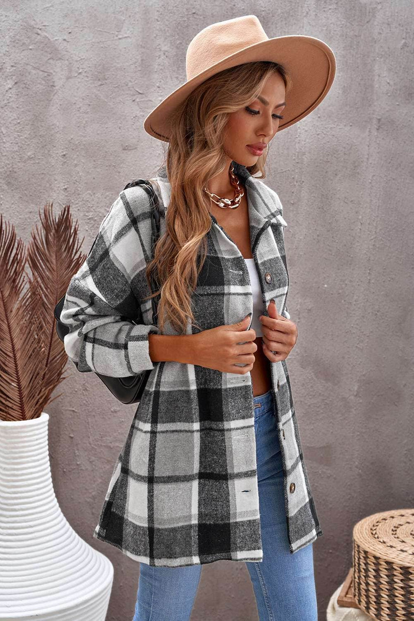 Gray Plaid Print Buttoned Shirt Jacket