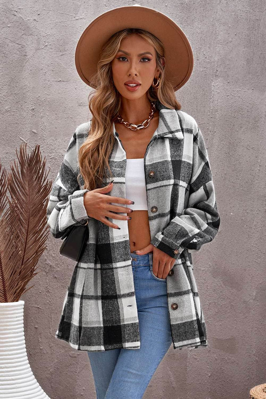 Gray Plaid Print Buttoned Shirt Jacket