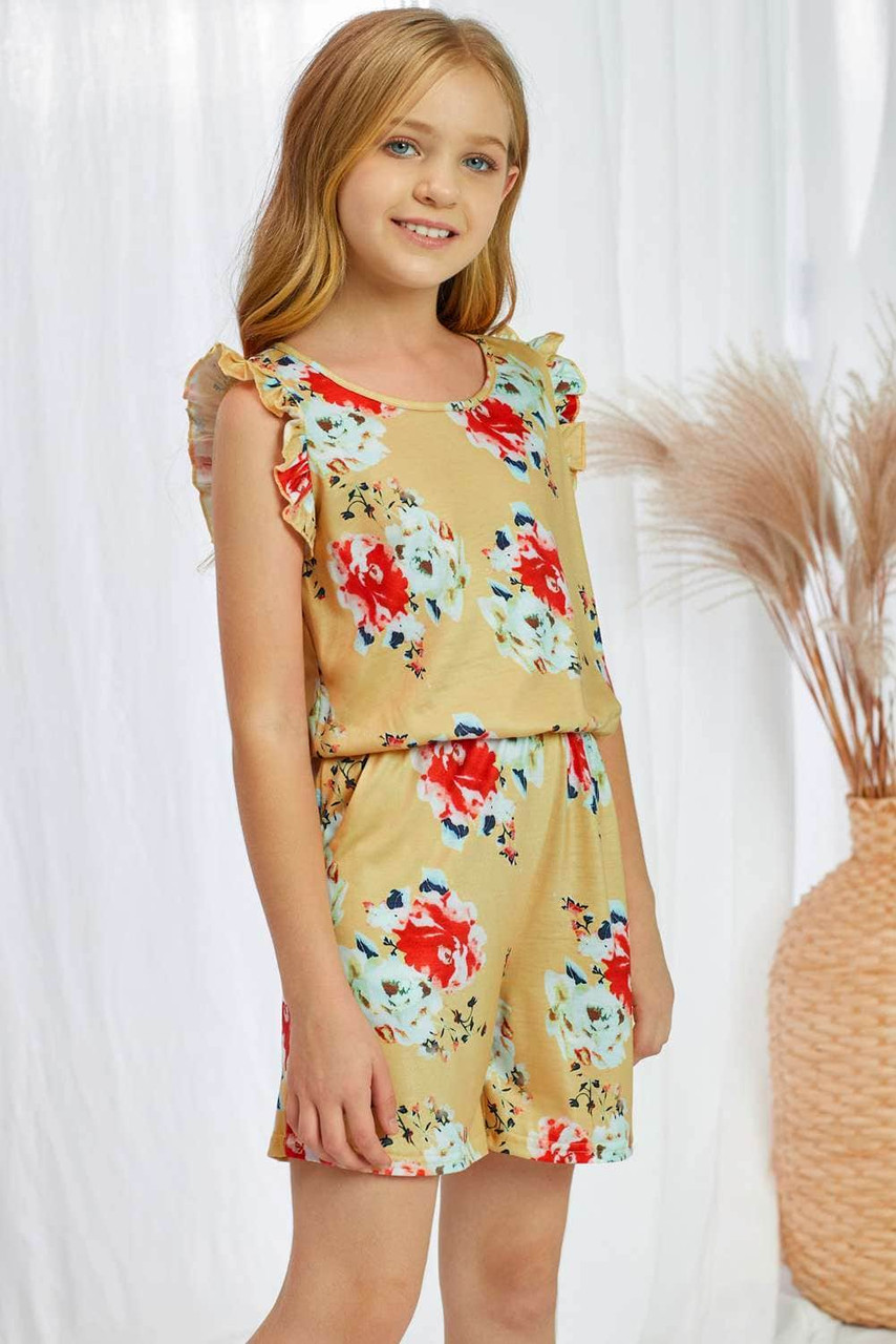 Yellow Floral Print Ruffled Sleeveless Girls Romper Yellow Floral Print Ruffled Sleeveless Girls Romper