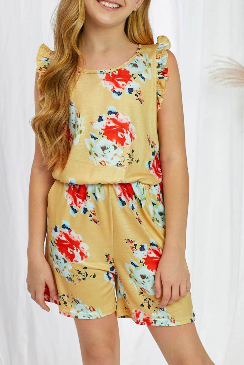 Yellow Floral Print Ruffled Sleeveless Girls Romper Yellow Floral Print Ruffled Sleeveless Girls Romper