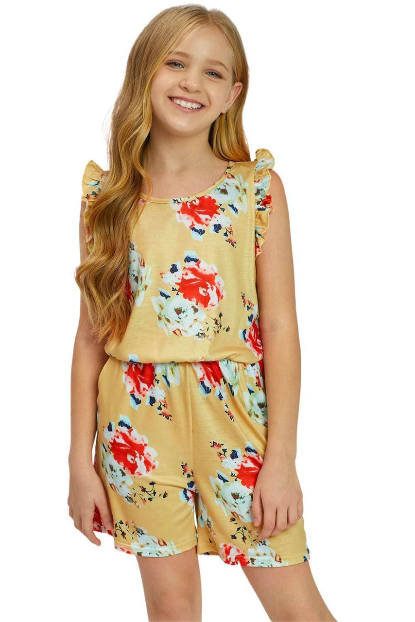 Yellow Floral Print Ruffled Sleeveless Girls Romper Yellow Floral Print Ruffled Sleeveless Girls Romper