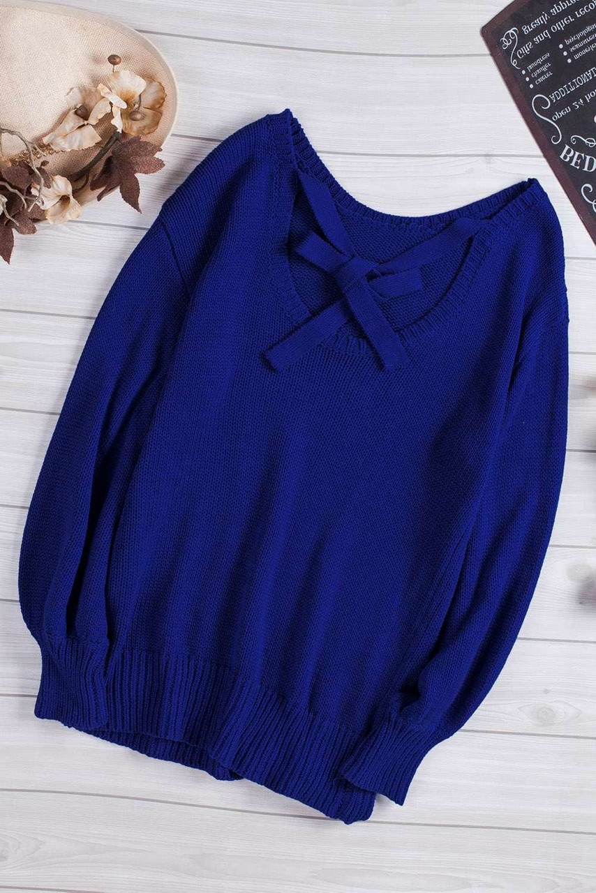 Blue Hollow-out Back Sweater with Tie