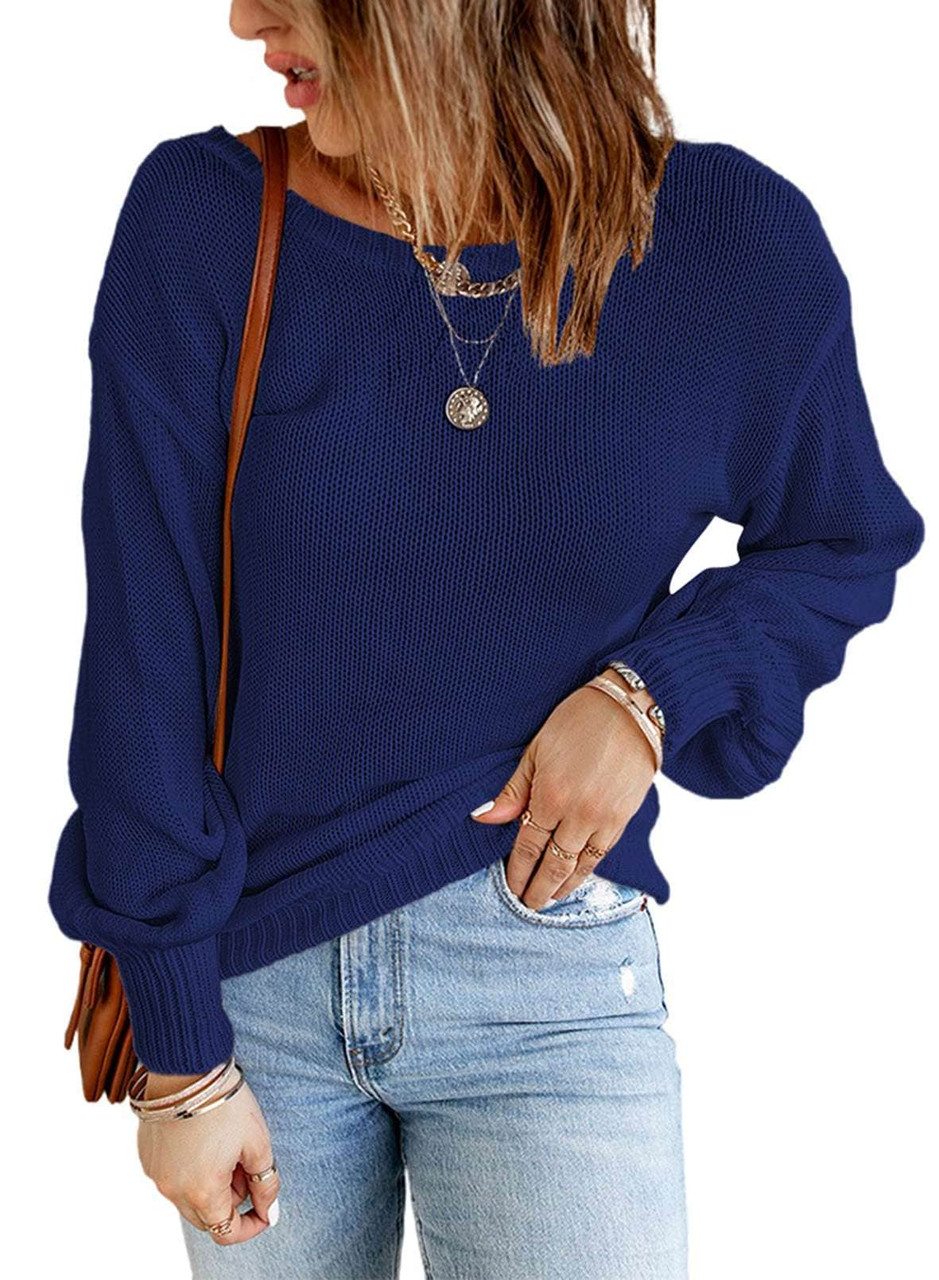 Blue Hollow-out Back Sweater with Tie