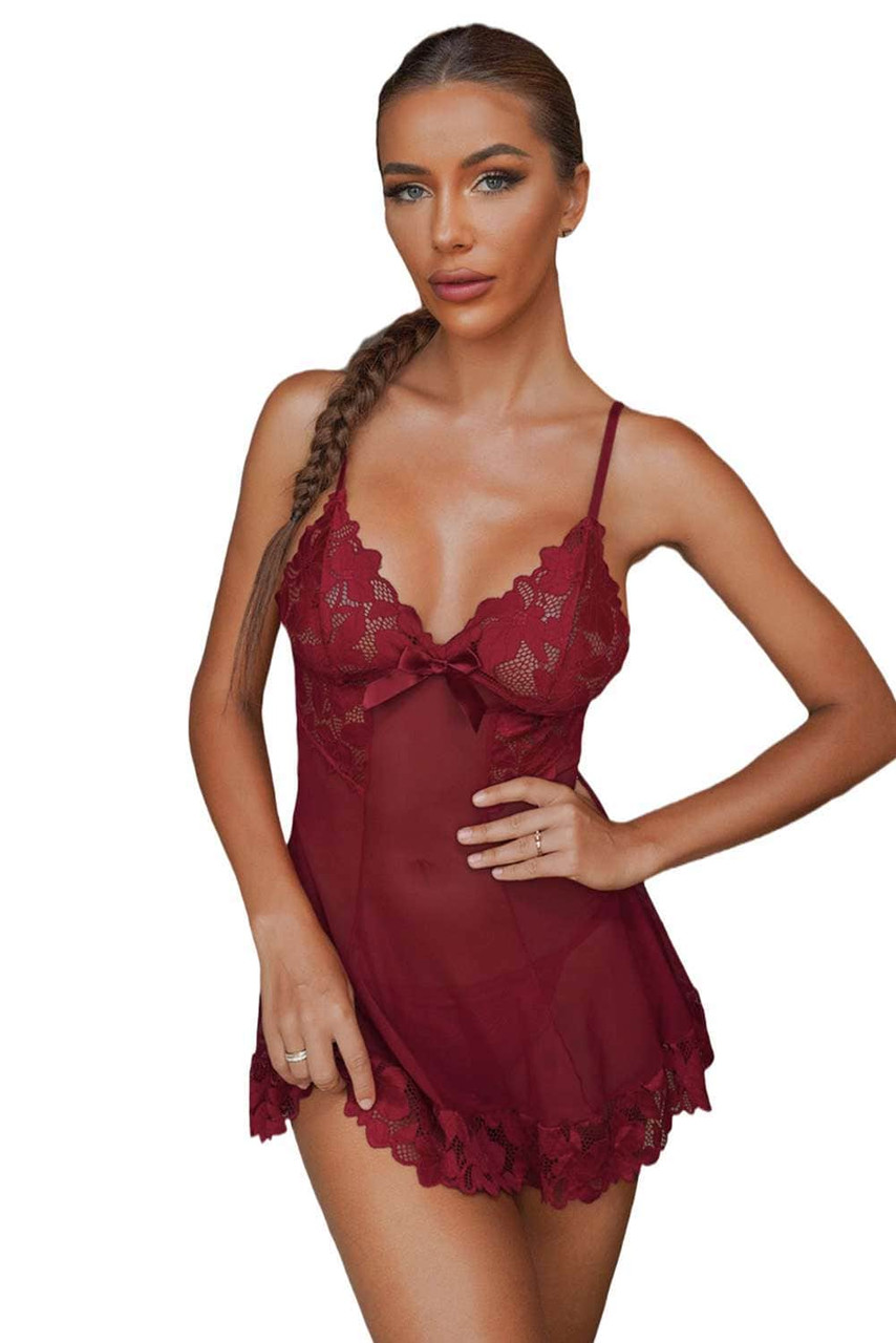 Red Lace Mesh Splicing Babydoll Set