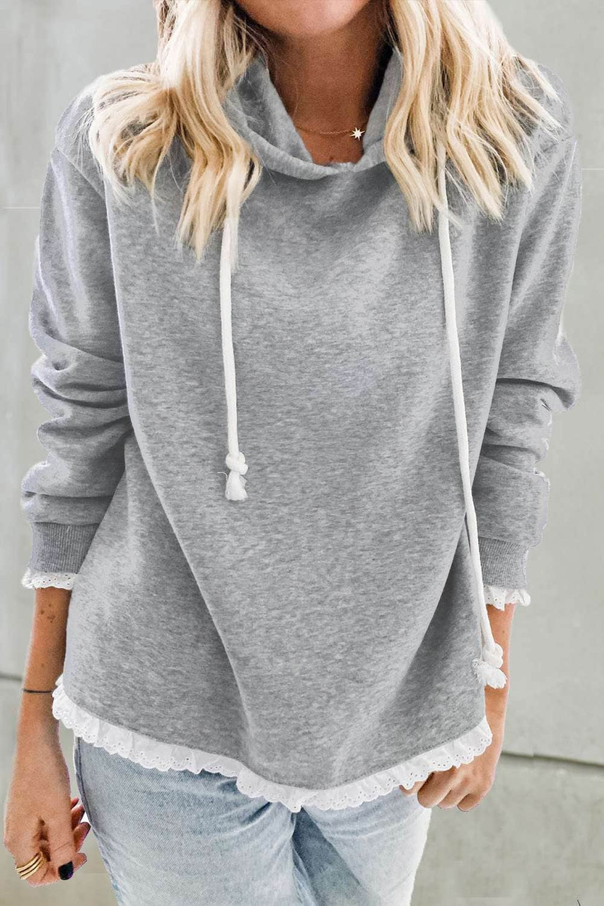 Gray Plain Hoodie with Lace Trims