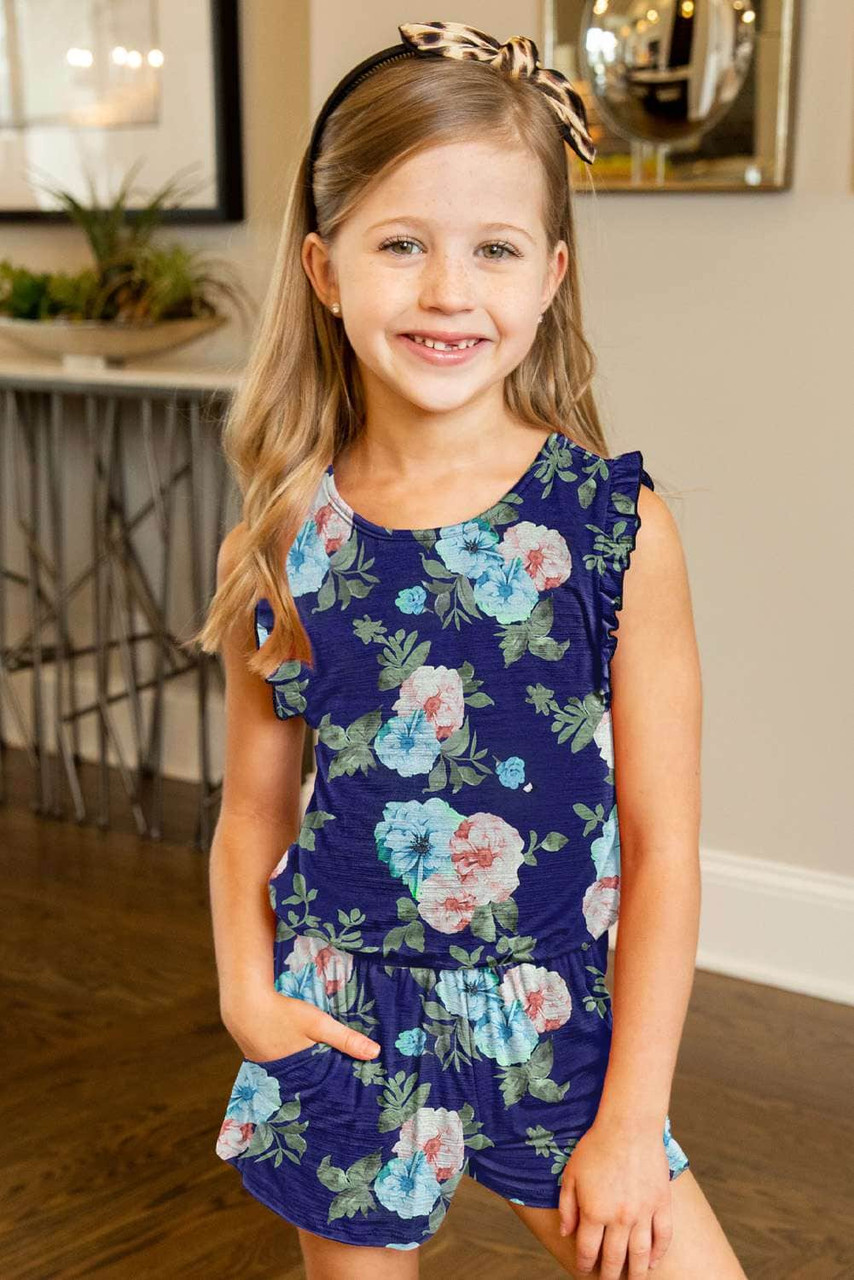 Blue Floral Print Ruffled Sleeveless Girls Romper