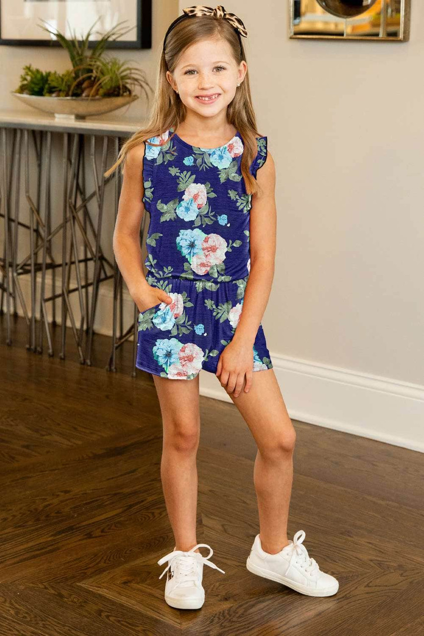 Blue Floral Print Ruffled Sleeveless Girls Romper