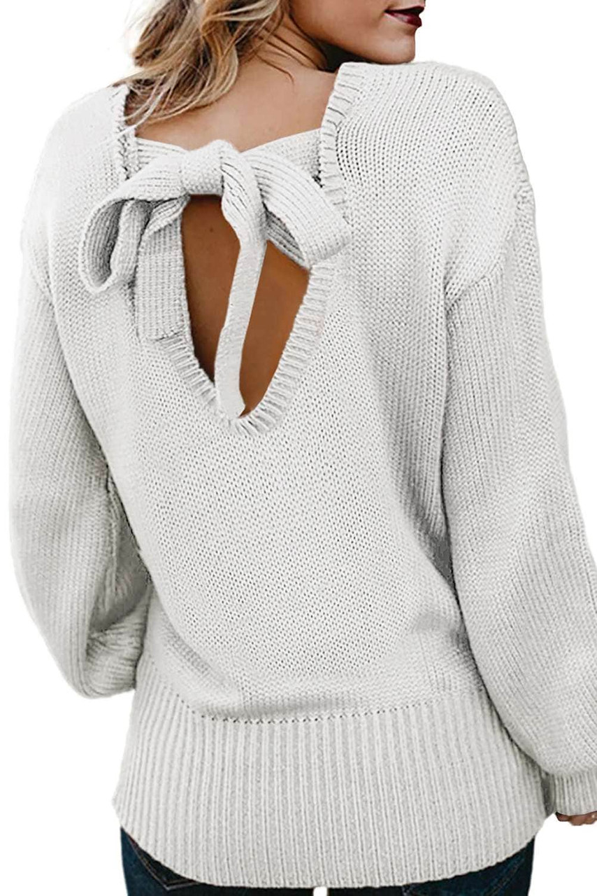 White Hollow-out Back Sweater with Tie