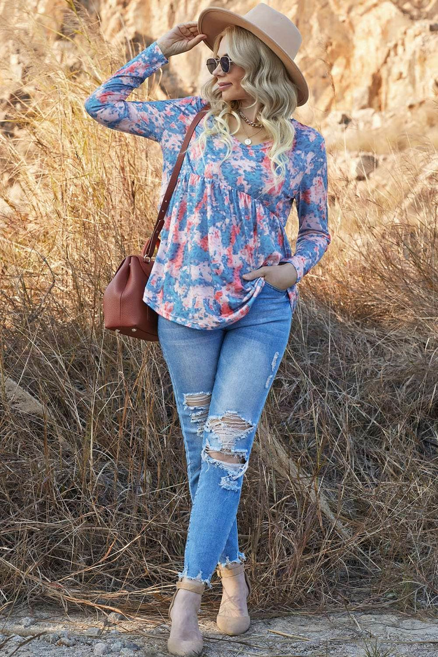 Blue Leopard Tie Dye V Neck Pleated Long Sleeve Top