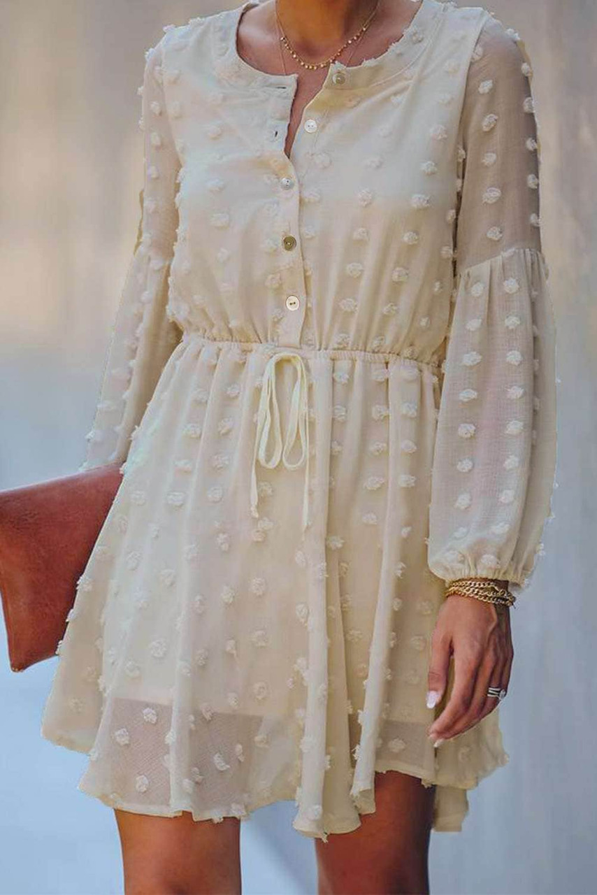 Beige Swiss Dot Buttoned Drawstring Long Puff Sleeve Shirt Dress Beige Swiss Dot Buttoned Drawstring Long Puff Sleeve Shirt Dress