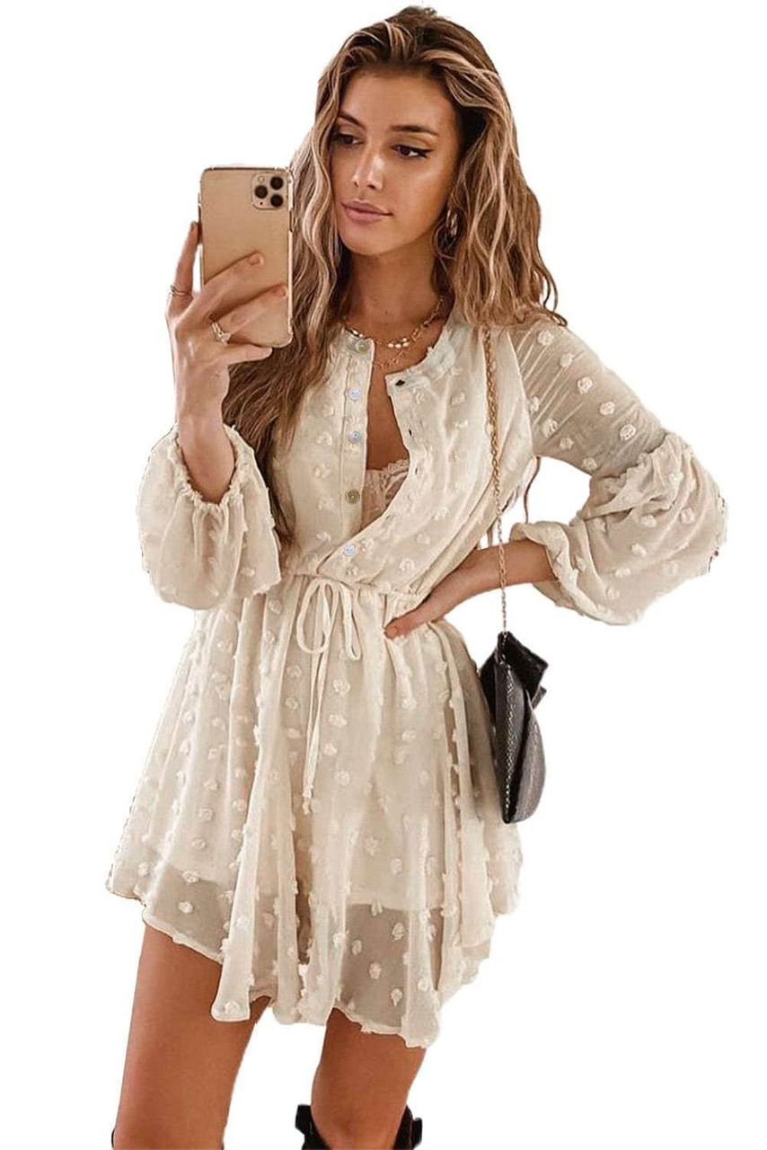 Beige Swiss Dot Buttoned Drawstring Long Puff Sleeve Shirt Dress Beige Swiss Dot Buttoned Drawstring Long Puff Sleeve Shirt Dress