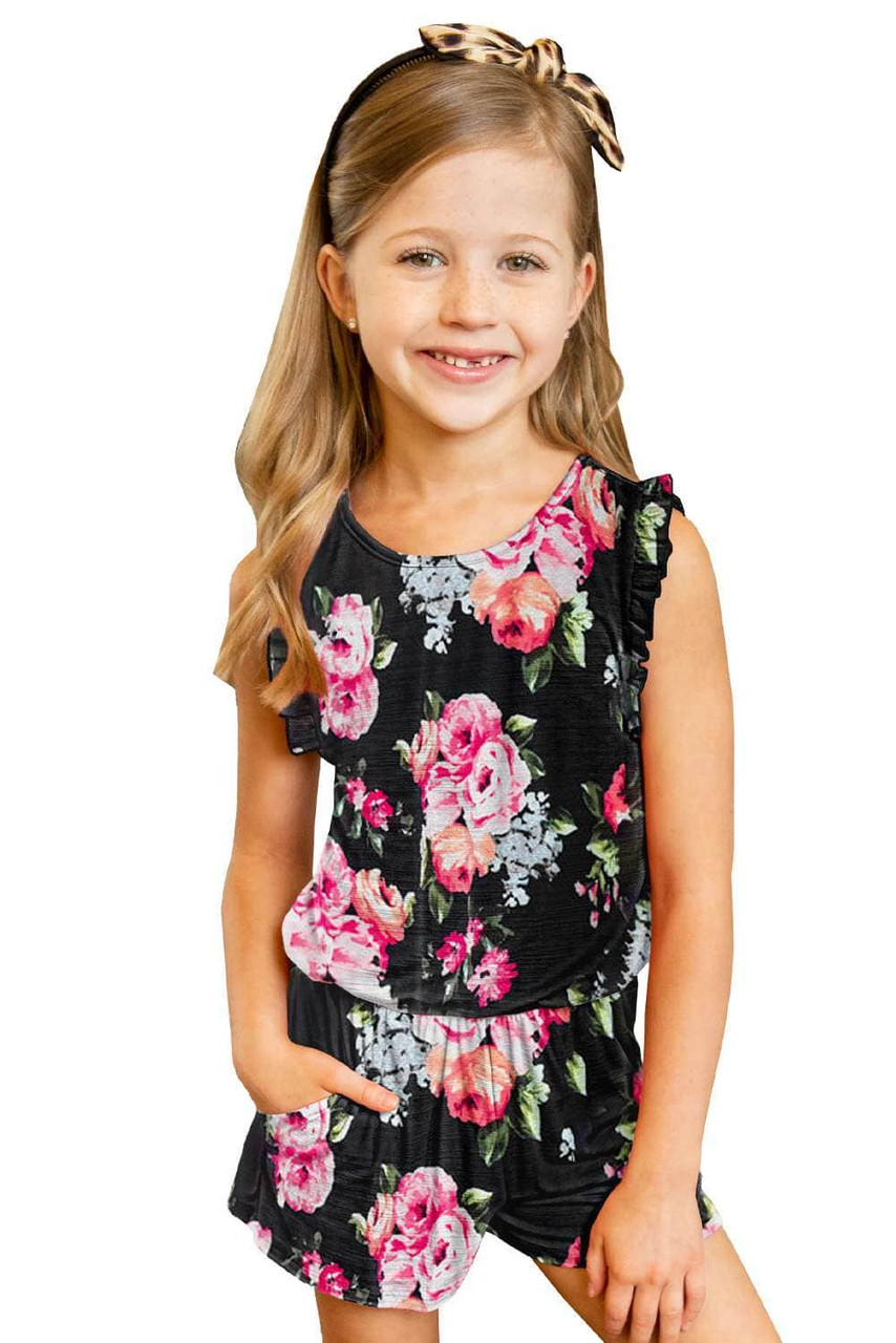 Black Floral Print Ruffled Sleeveless Girls Romper