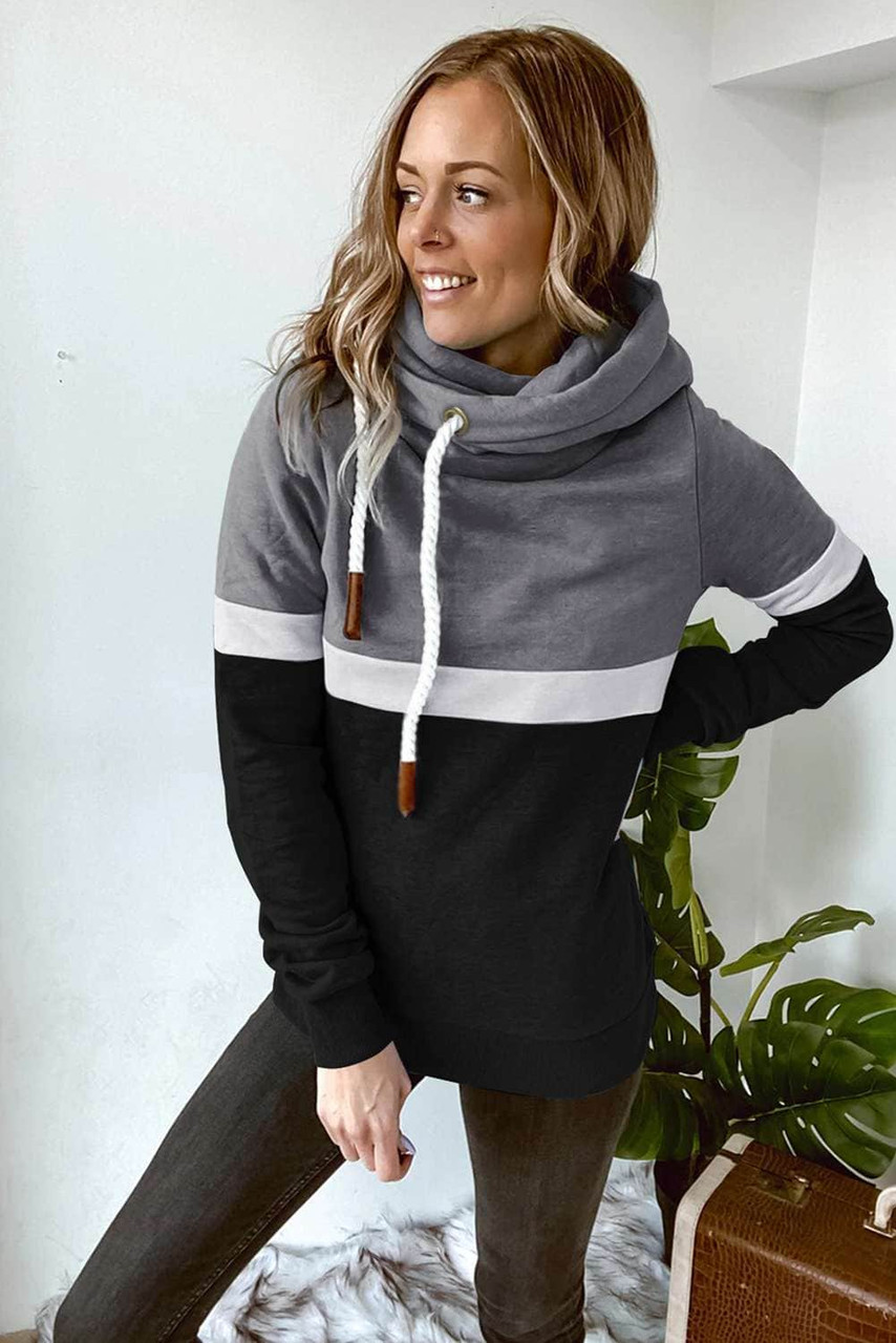 Black Drawstring Cowl Neck Colorblock Hoodie