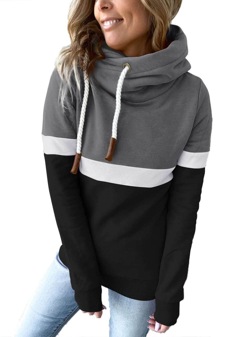 Black Drawstring Cowl Neck Colorblock Hoodie