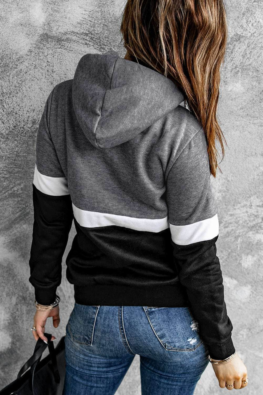 Black Drawstring Cowl Neck Colorblock Hoodie