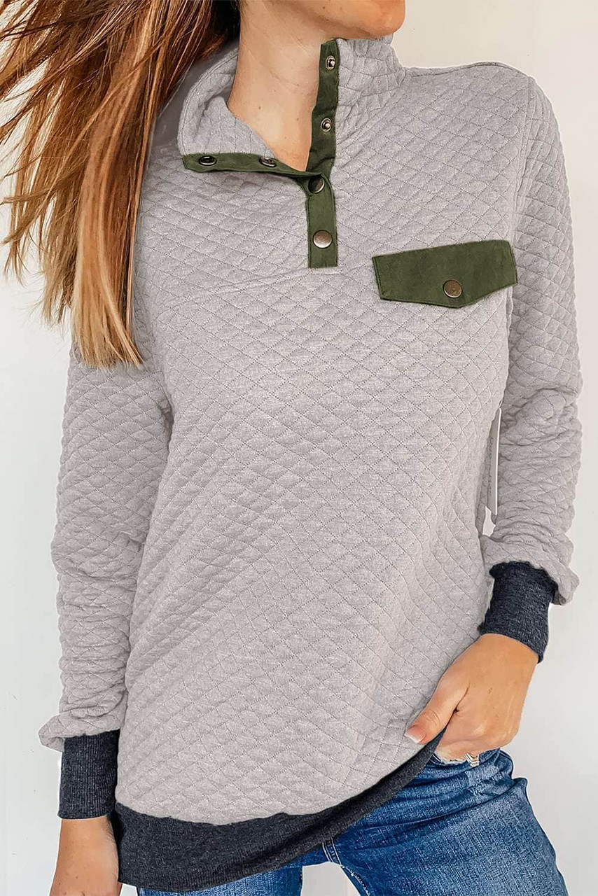 Quilted Snaps Stand Neck Sweatshirt With | dealstunnel.com