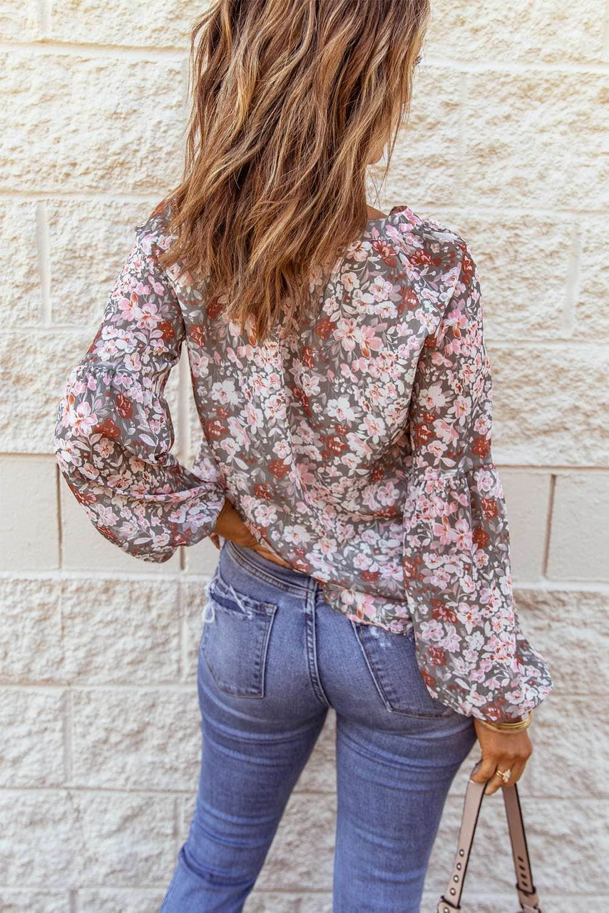 Multicolor Floral Print V Neck Long Puff Sleeve Top