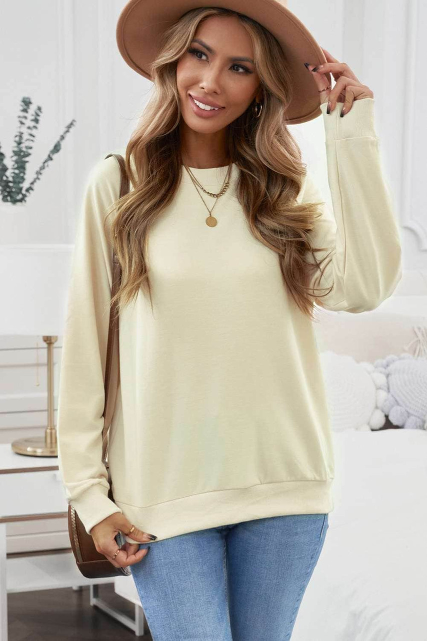Beige Crew Neck Raglan Sleeve Sweatshirt