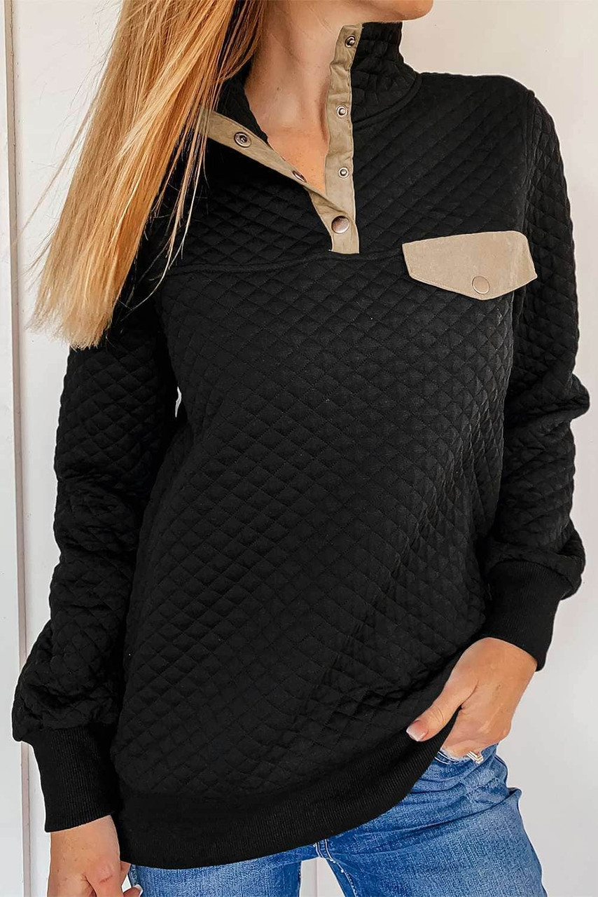 Black Quilted Snaps Stand Neck Sweatshirt | dealstunnel.com