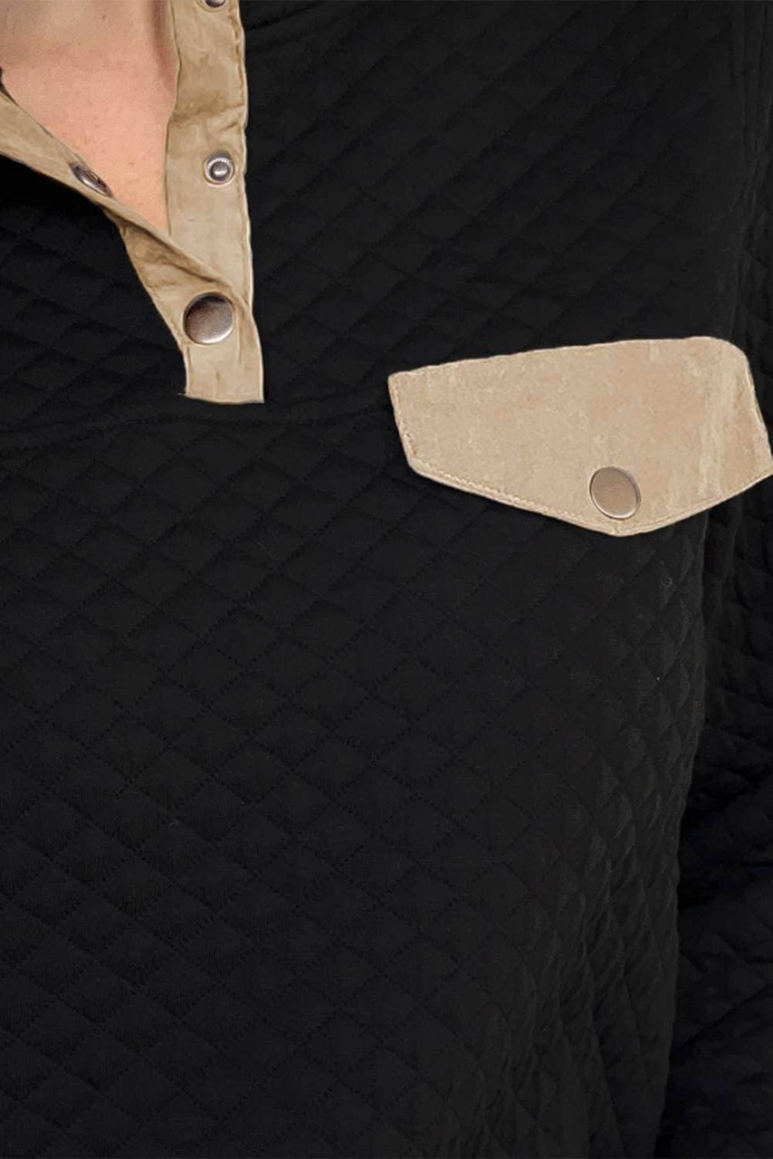 Black Quilted Snaps Stand Neck Sweatshirt with Fake Front Pocket