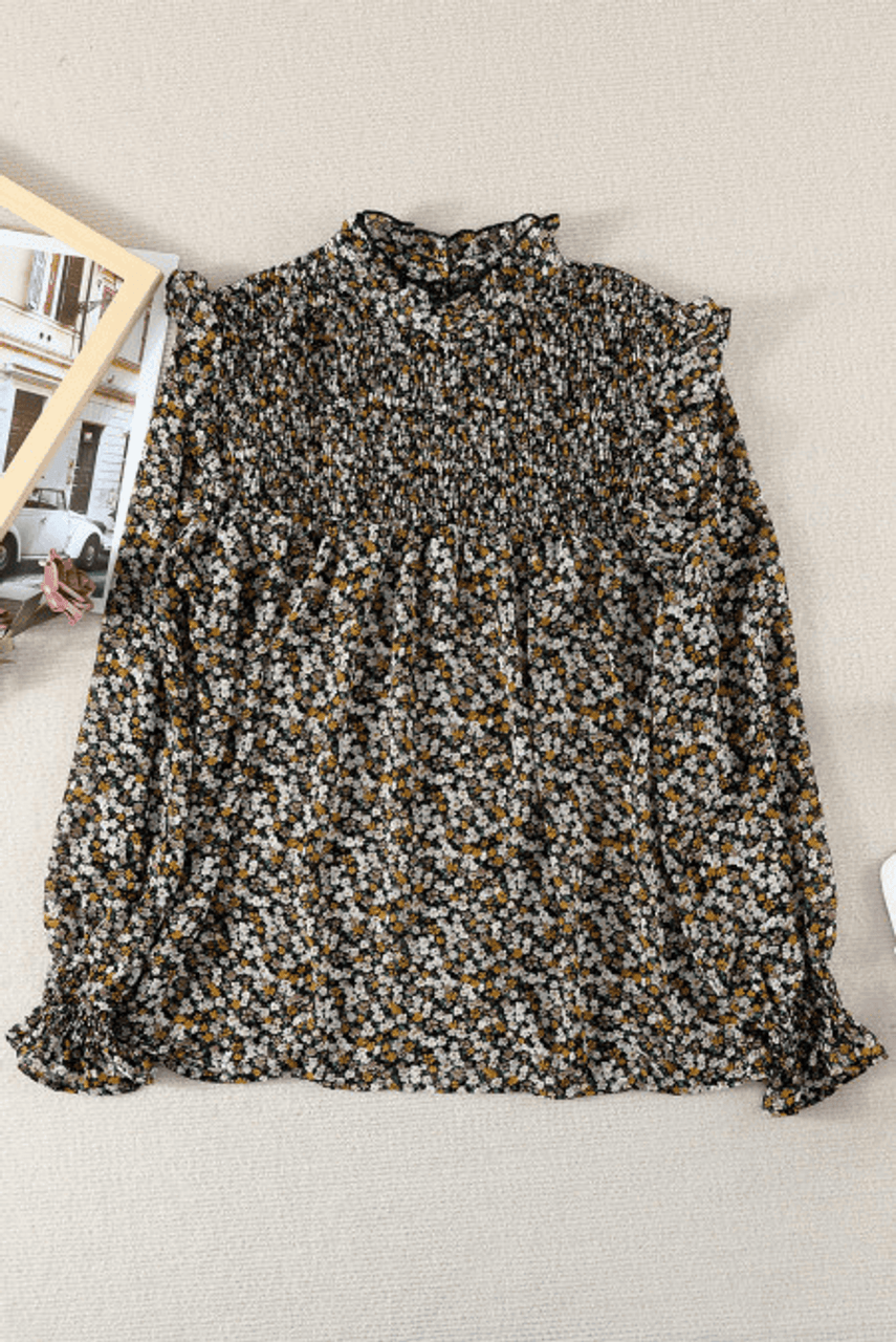 Black Floral Print Smocked Ruffled Long Sleeve Blouse