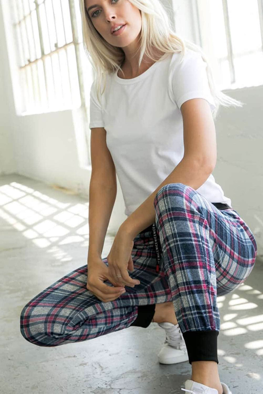 High Waisted Drawstring Plaid Joggers with Pockets