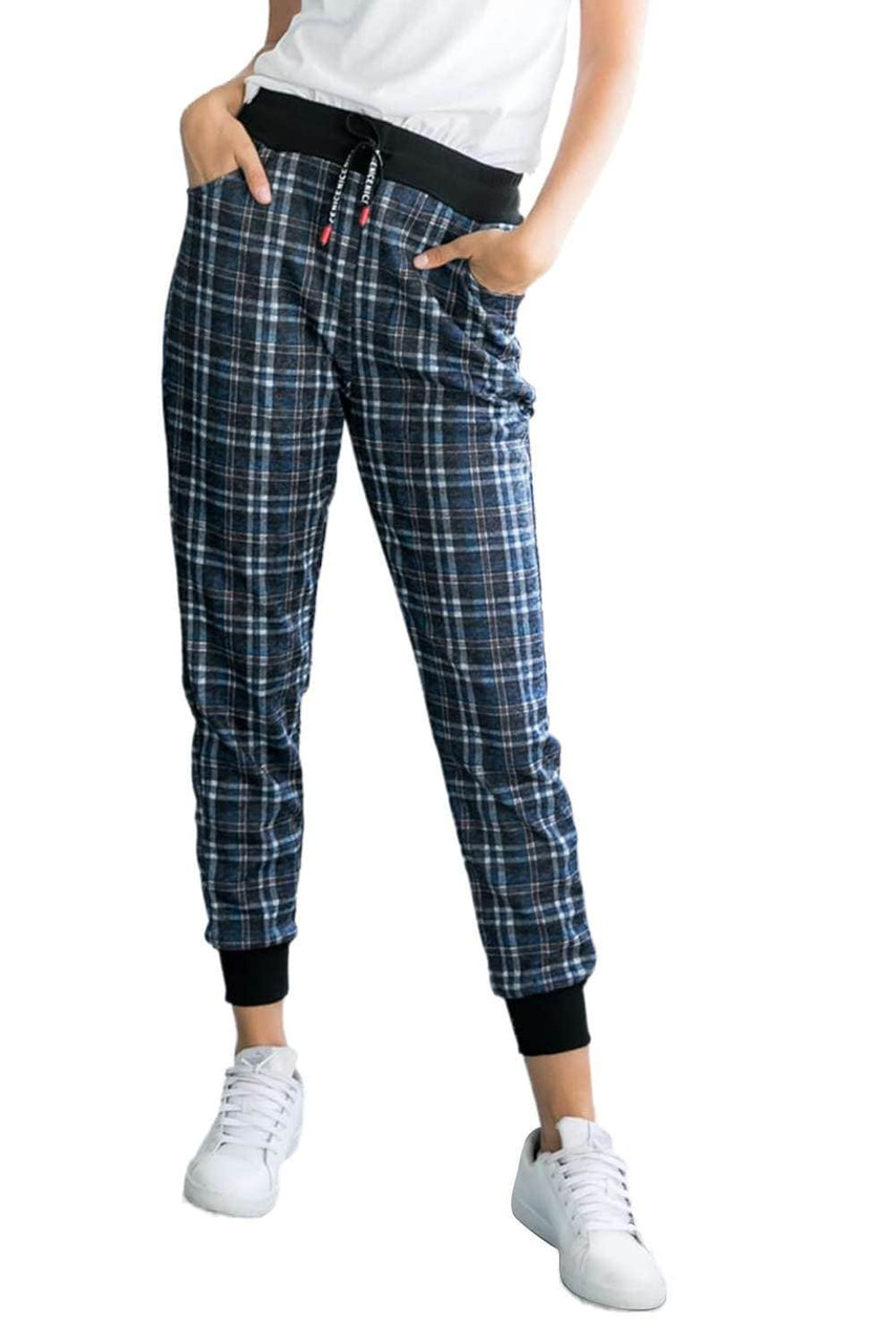 Blue High Waisted Drawstring Plaid Joggers with Pockets