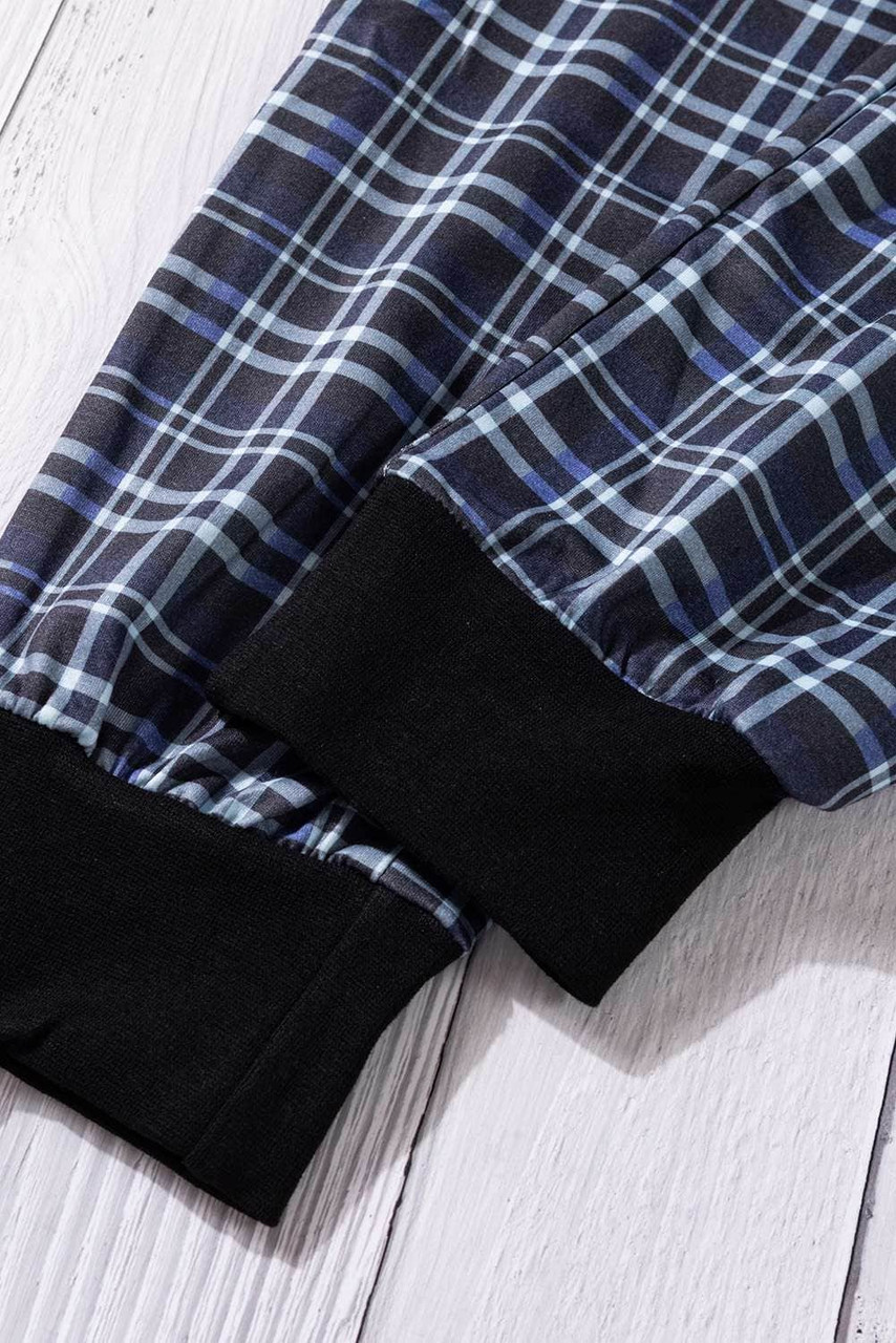 Blue High Waisted Drawstring Plaid Joggers with Pockets