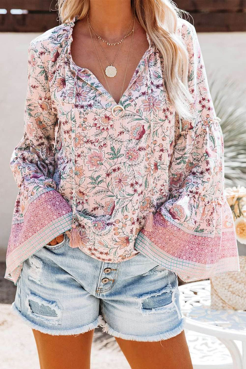 Pink Floral Print V Neck Drawstring Flared Sleeve Top