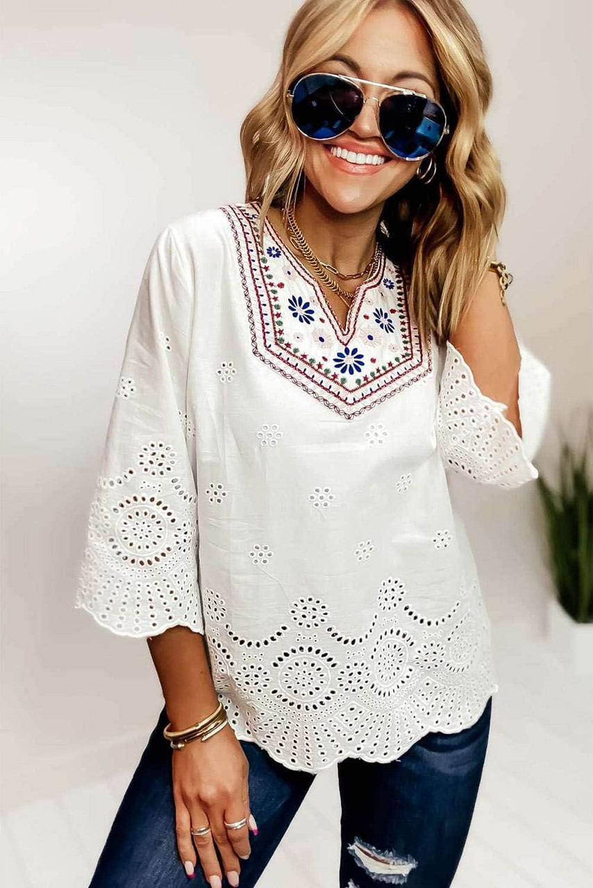 Embroidered Floral Hollow-out Bell Sleeve Blouse