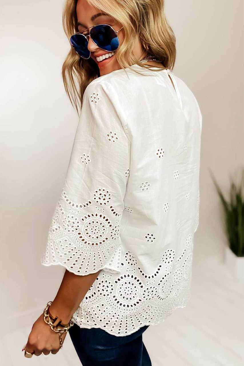 Embroidered Floral Hollow-out Bell Sleeve Blouse Embroidered Floral Hollow-out Bell Sleeve Blouse