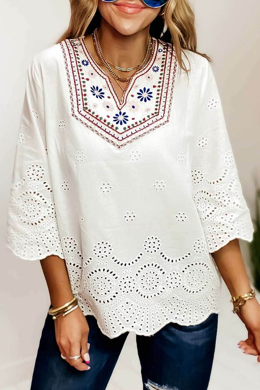 Embroidered Floral Hollow-out Bell Sleeve Blouse