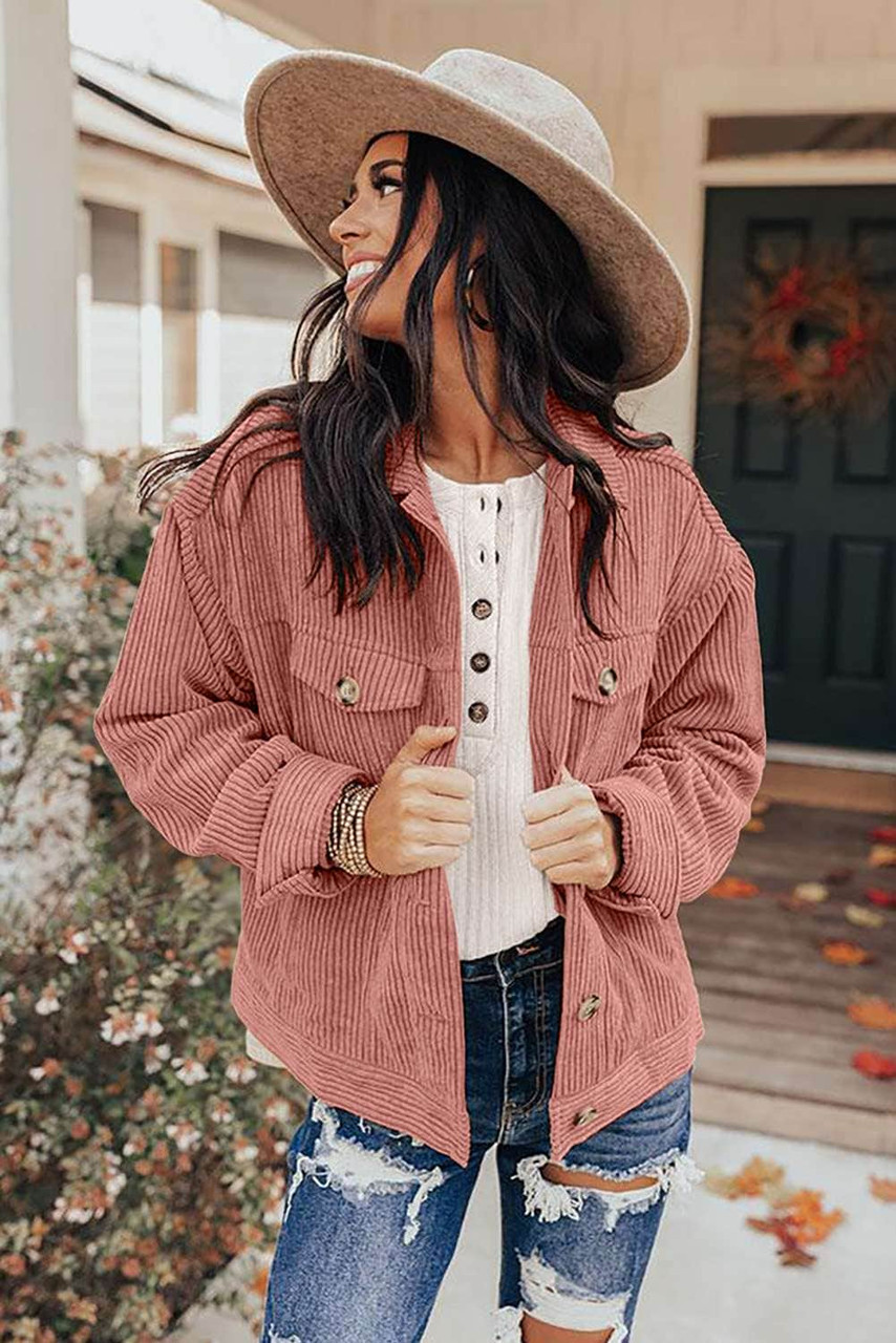 Pink Ribbed Corduroy Long Sleeve Jacket with Pocket