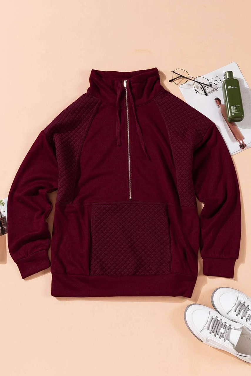 Wine Quilted Patch Half Zipper Sweatshirt