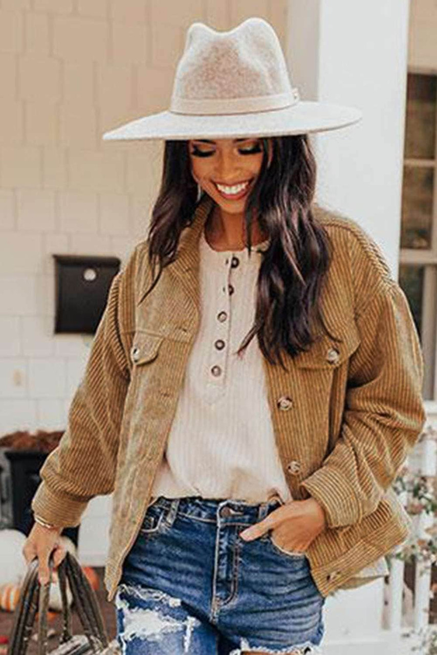 Khaki Ribbed Corduroy Long Sleeve Jacket with Pocket Khaki Ribbed Corduroy Long Sleeve Jacket with Pocket