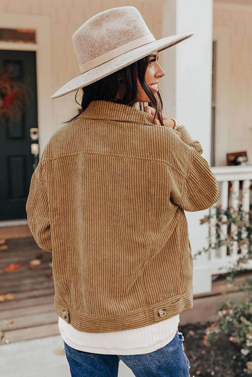 Khaki Ribbed Corduroy Long Sleeve Jacket with Pocket Khaki Ribbed Corduroy Long Sleeve Jacket with Pocket