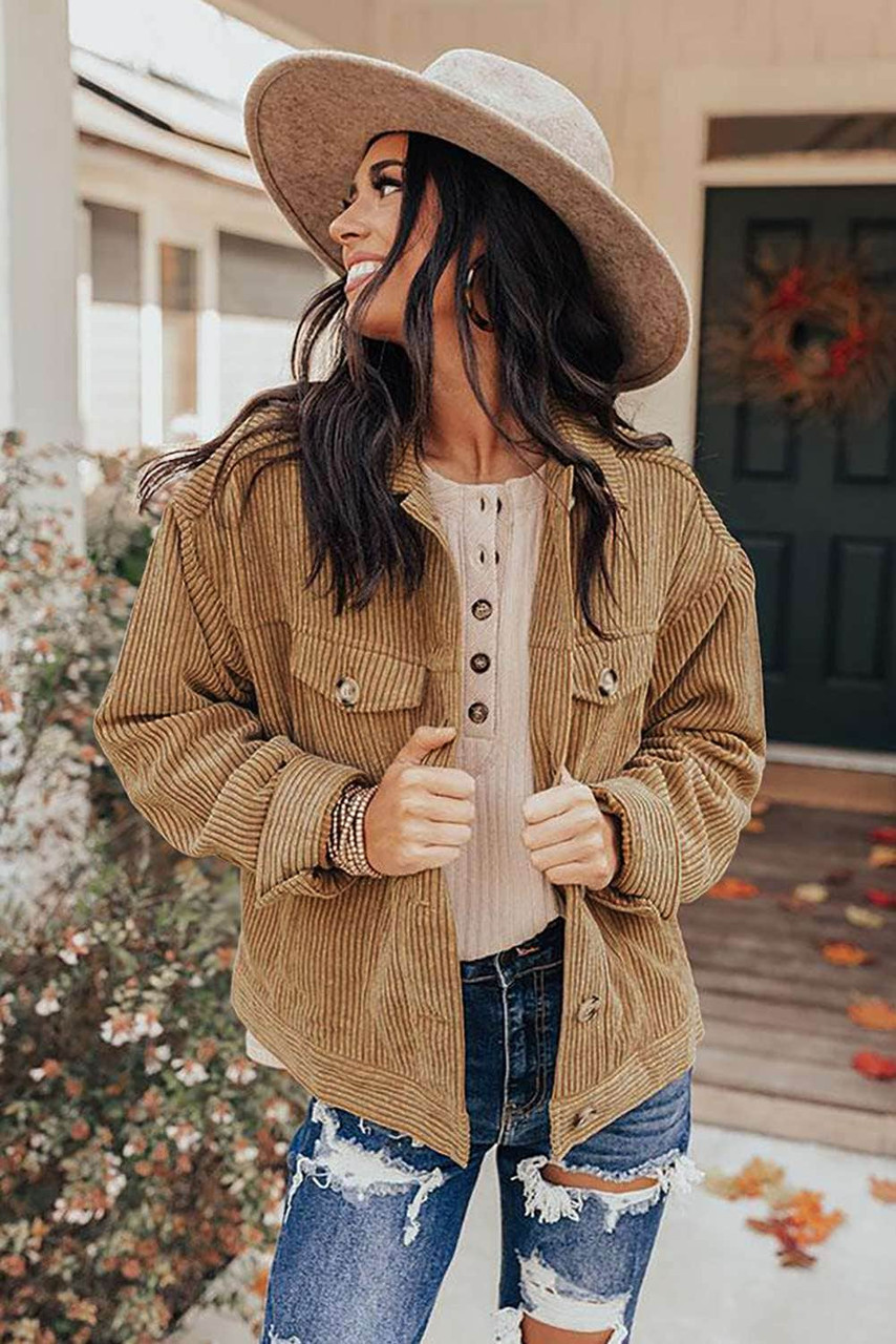 Khaki Ribbed Corduroy Long Sleeve Jacket with Pocket Khaki Ribbed Corduroy Long Sleeve Jacket with Pocket