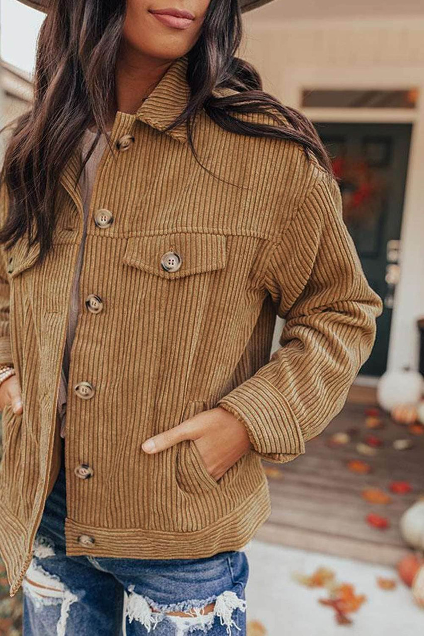 Khaki Ribbed Corduroy Long Sleeve Jacket with Pocket Khaki Ribbed Corduroy Long Sleeve Jacket with Pocket