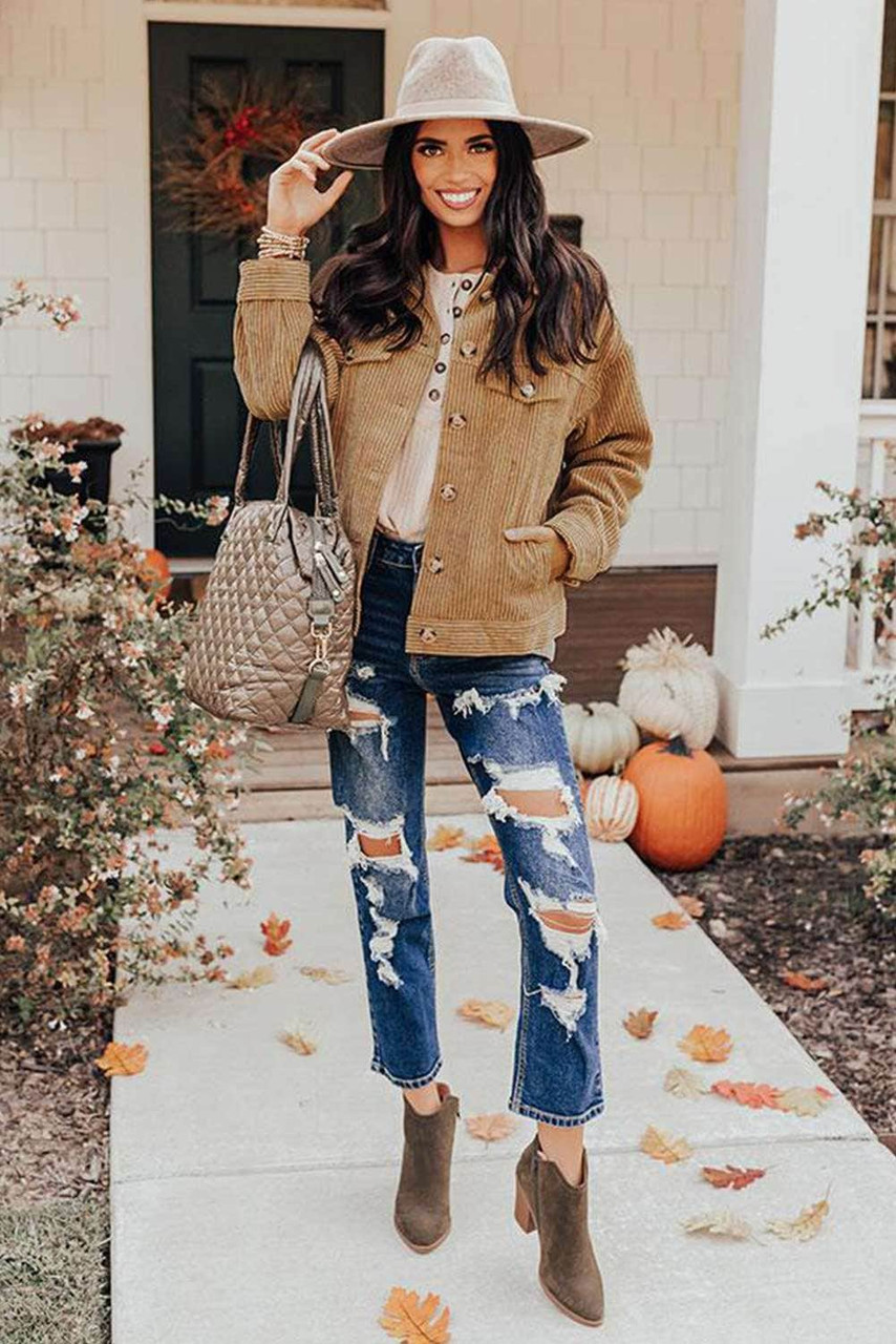 Khaki Ribbed Corduroy Long Sleeve Jacket with Pocket Khaki Ribbed Corduroy Long Sleeve Jacket with Pocket