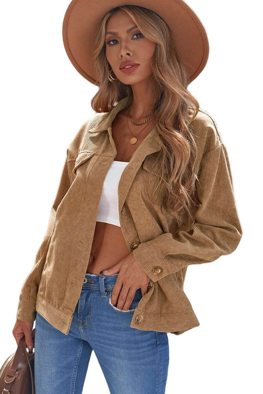 Khaki Ribbed Corduroy Long Sleeve Jacket with Pocket Khaki Ribbed Corduroy Long Sleeve Jacket with Pocket