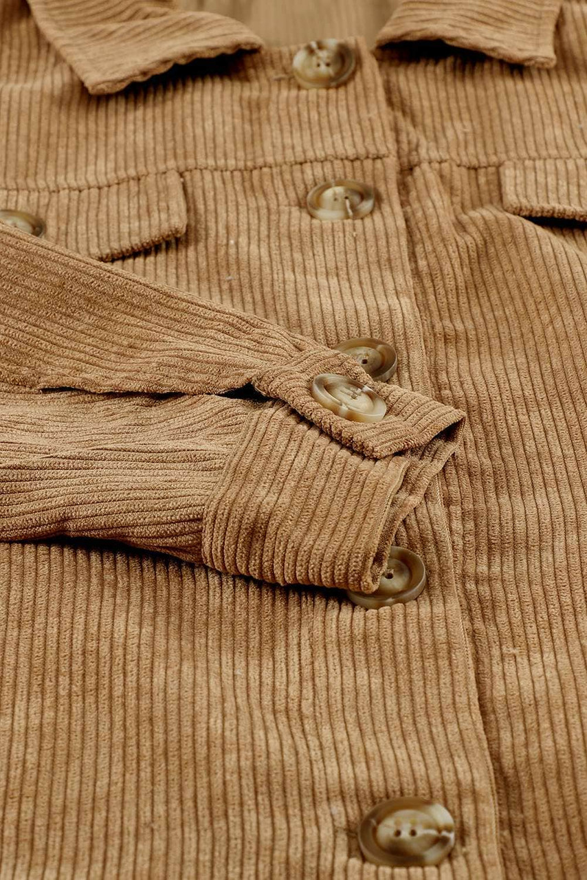 Khaki Ribbed Corduroy Long Sleeve Jacket with Pocket Khaki Ribbed Corduroy Long Sleeve Jacket with Pocket