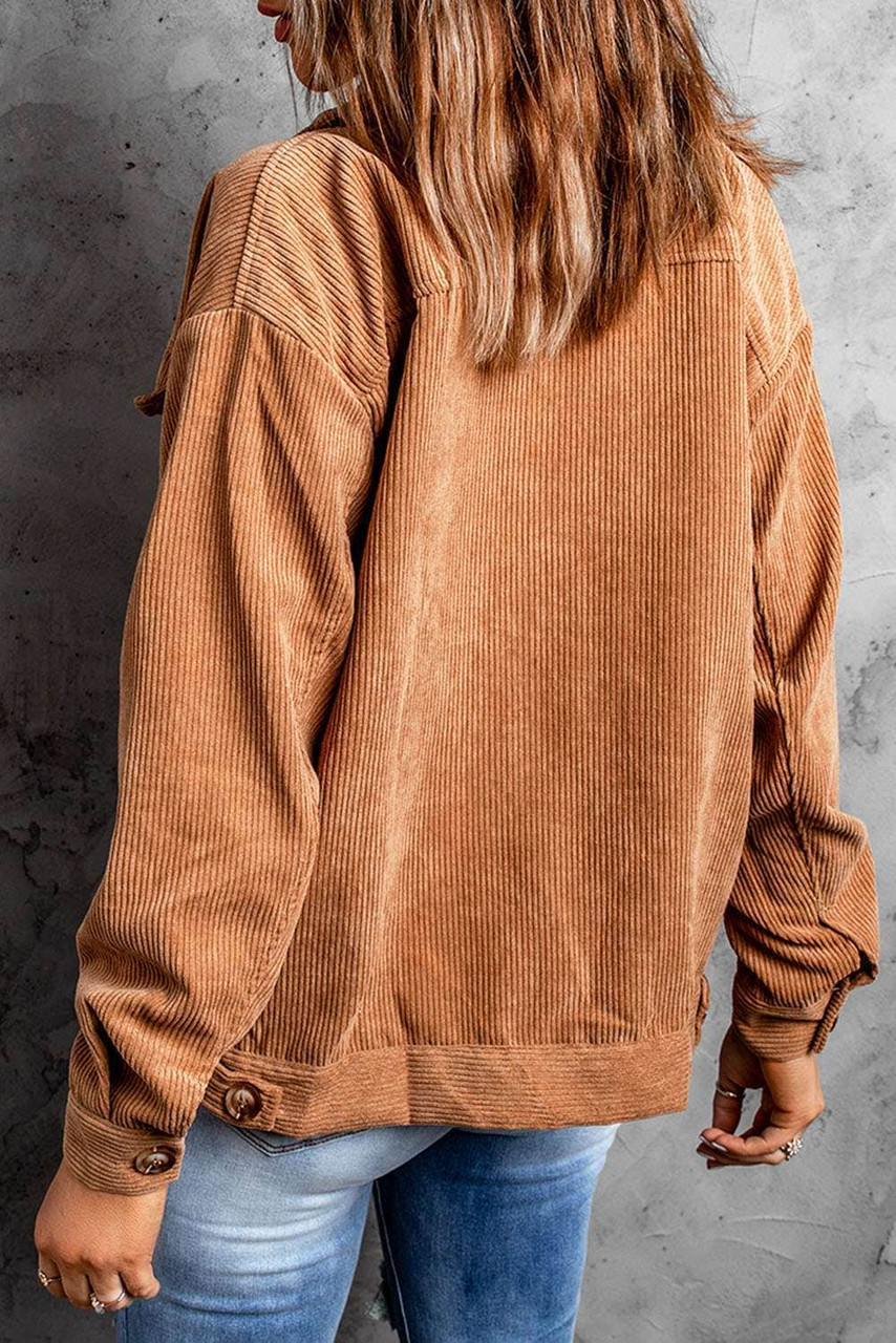 Khaki Ribbed Corduroy Long Sleeve Jacket with Pocket Khaki Ribbed Corduroy Long Sleeve Jacket with Pocket