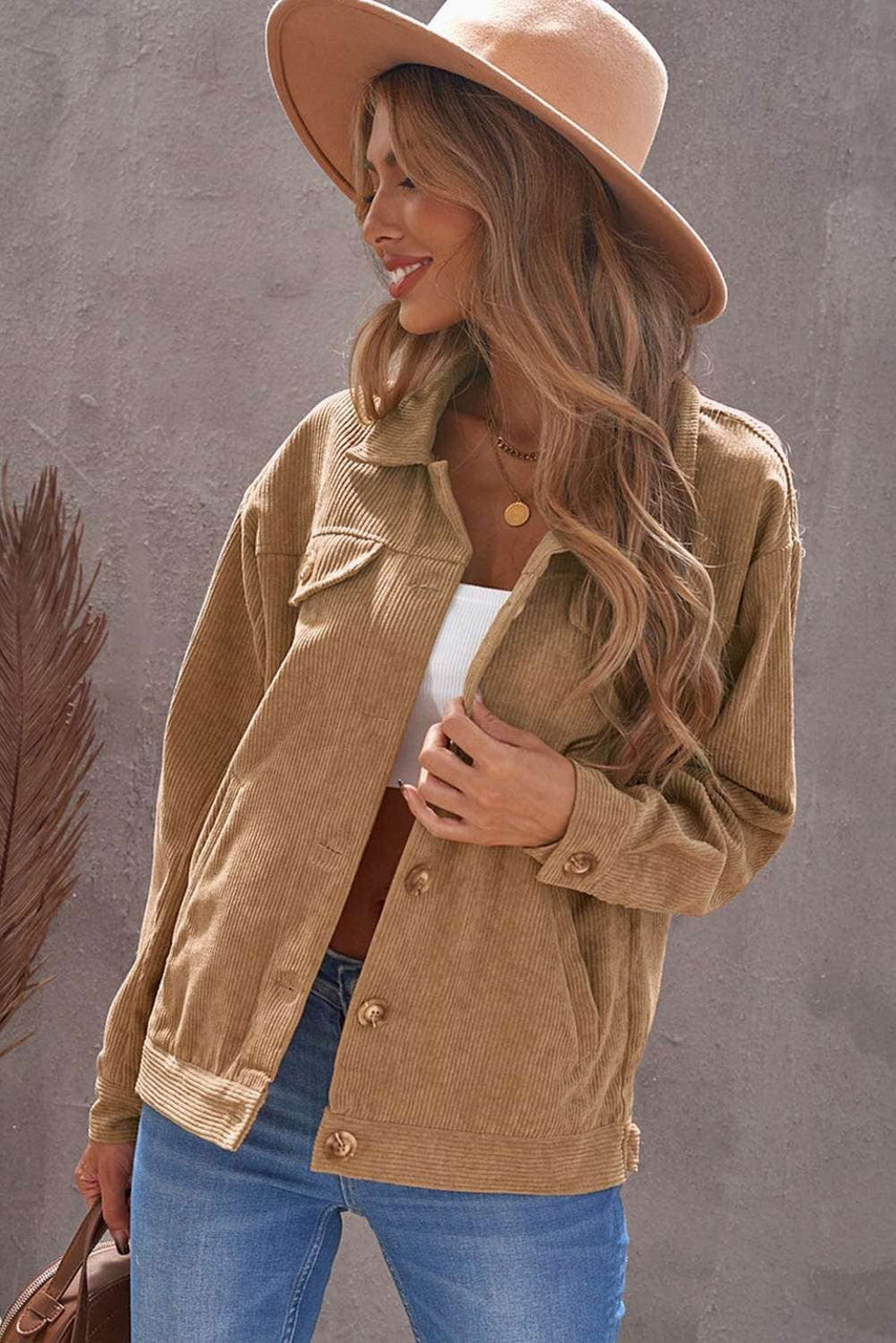 Khaki Ribbed Corduroy Long Sleeve Jacket with Pocket Khaki Ribbed Corduroy Long Sleeve Jacket with Pocket