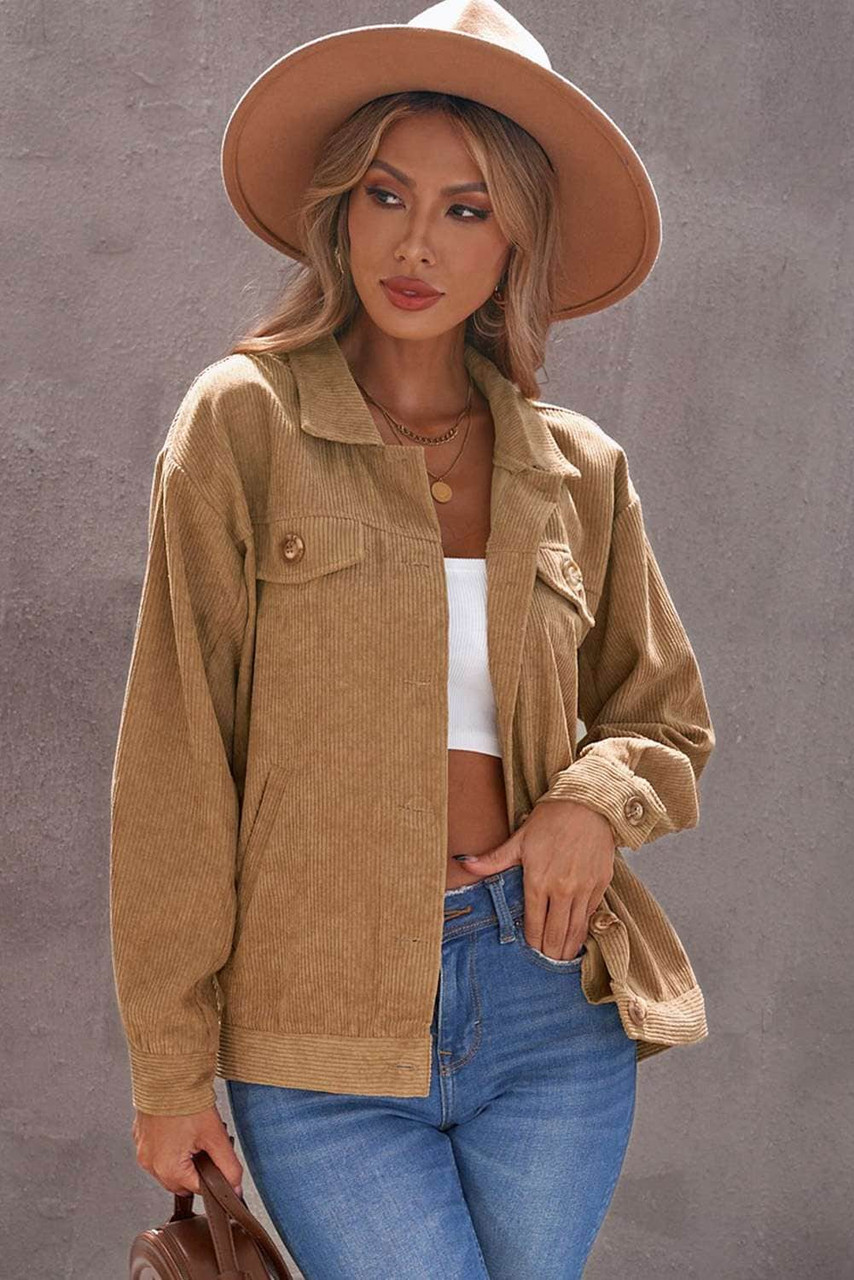 Khaki Ribbed Corduroy Long Sleeve Jacket with Pocket Khaki Ribbed Corduroy Long Sleeve Jacket with Pocket