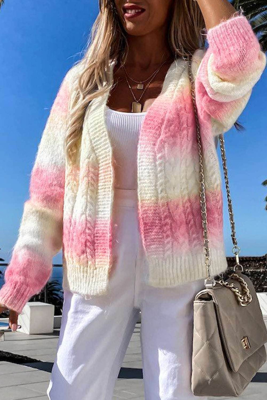 Red Gradient Open Front Colorblock Tie-dye Cardigan