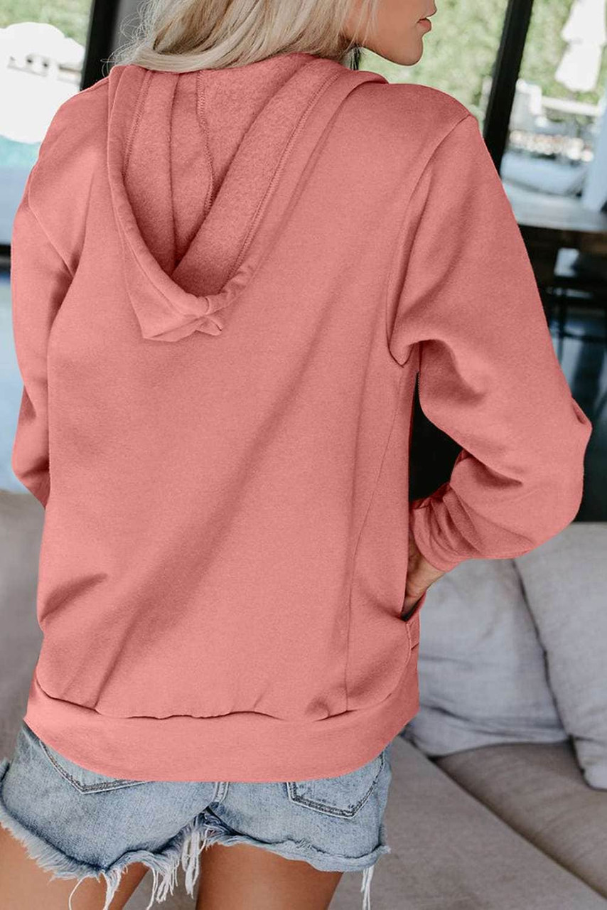 Pink Drawstring Long Sleeve Hoodie with Kangaroo Pocket