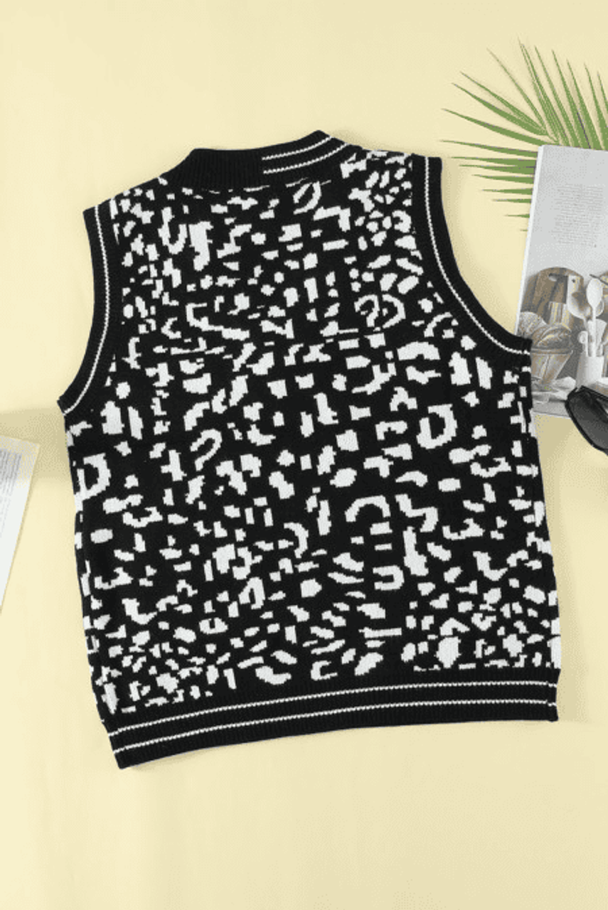 Black V Neck Leopard Knitted Vest