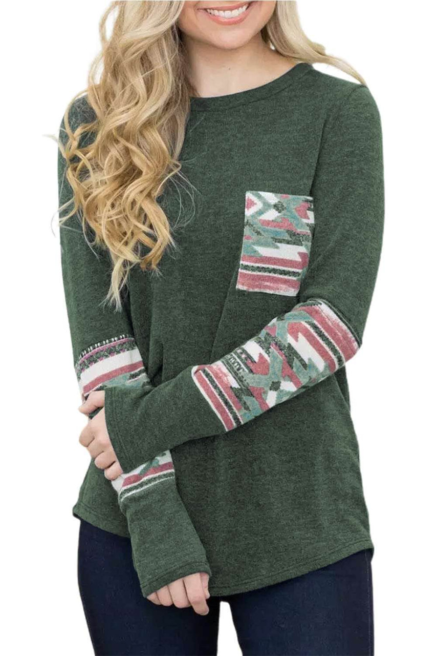 Green Aztec Patchwotk Long Sleeve Top