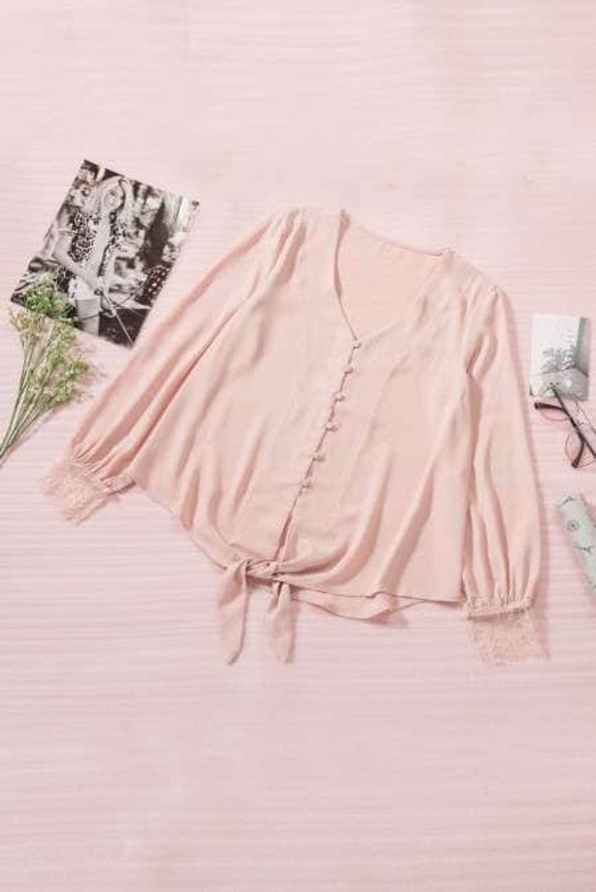 Pink V Neck Lace Splicing Cuffs Button Knotted Blouse